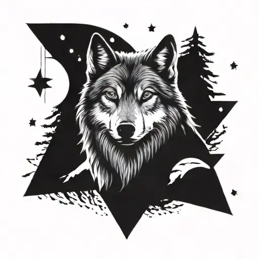 Wolf And Moon With Stars