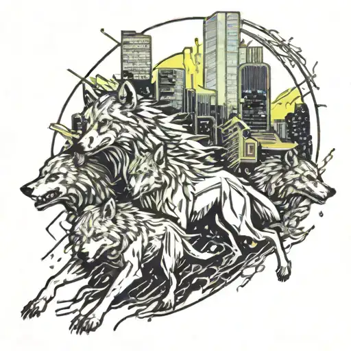 A Futuristic Cyberpunk Scene Featuring A Pack Of Wolves Running Through A Neon Cityscape