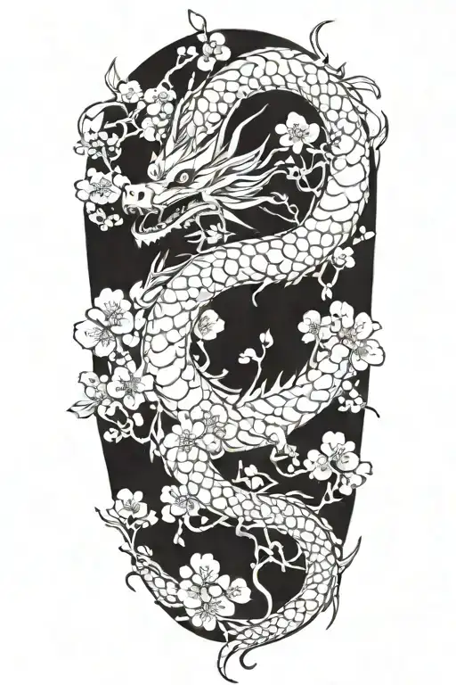 Brush Dragon With Cherry Blossoms Falling