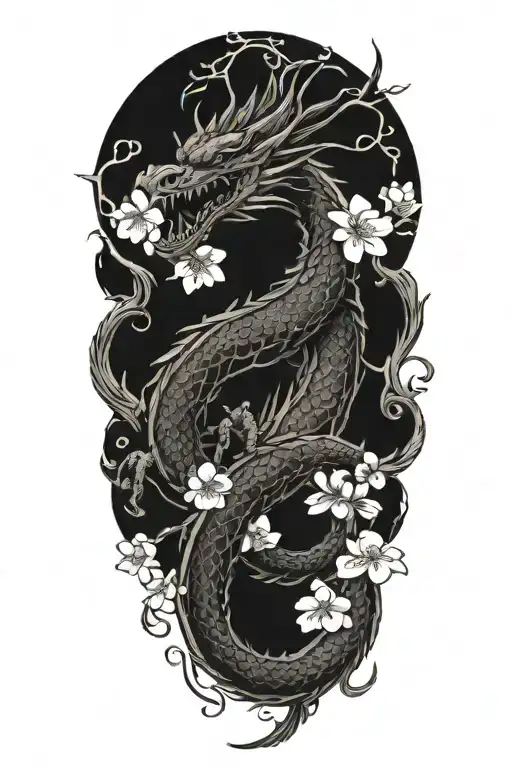 Brush Dragon With Cherry Blossoms Falling
