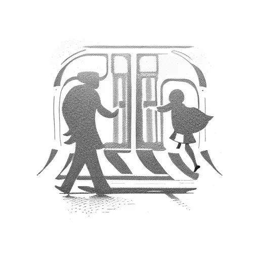 Silhouette Of Dad With 2 Young Daughters On A Train Track Walking Towards A Broken Clock