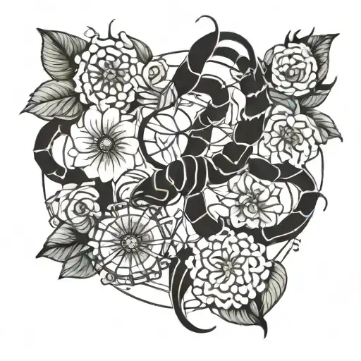 A Round Web With A Circle Of Flowers And A Centipede