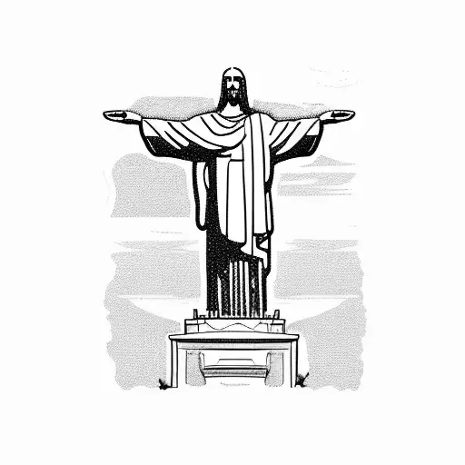Outline Of Christ The Redeemer Statue With Copcabana Beach Sidewalk Pattern Shading
