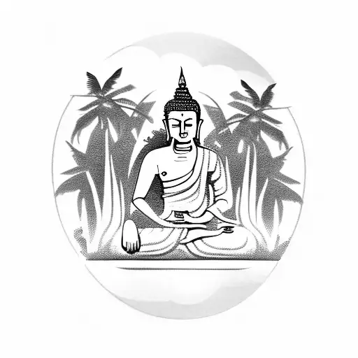 A Serene Scene Of A Buddha Statue Surrounded By Lush Palm Trees On A Tropical Island