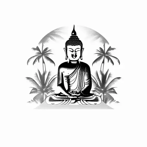 A Serene Scene Of A Buddha Statue Surrounded By Lush Palm Trees On A Tropical Island
