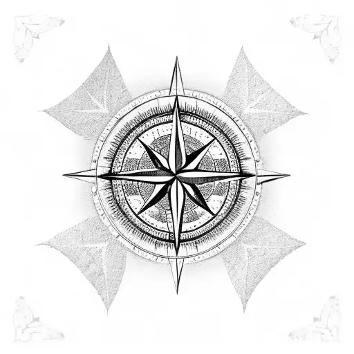 A Blackwork Tattoo Of A Compass Rose Surrounded By Palm Trees And Waves