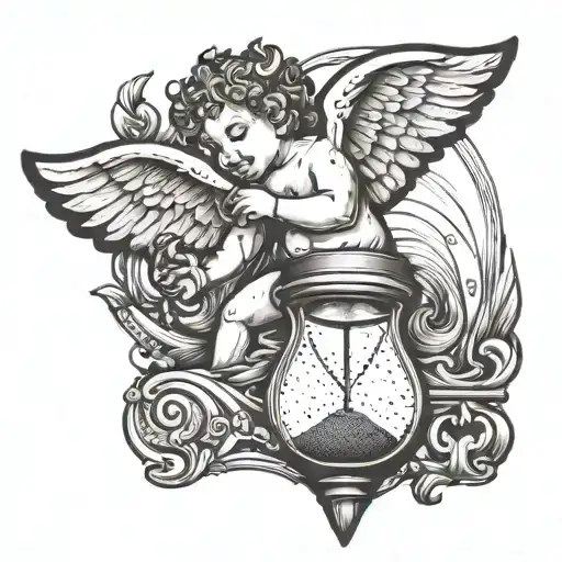 Lower Stomach Tatto Of A Cherub Aiming At An Hourglass With The Sand In The Shape Of Love Heart