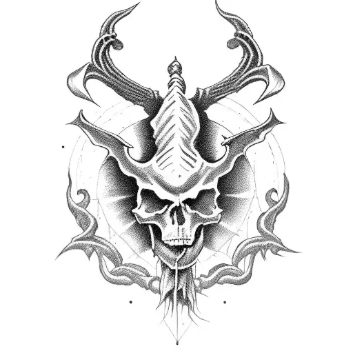 A Macabre Blackwork Design Featuring A Skeletal Figure With A Baphomet Skull For A Head