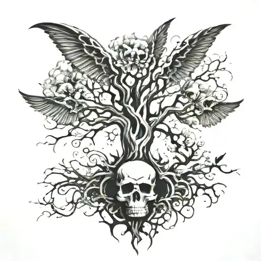 Tree Of Life And Skull With Wings Behind