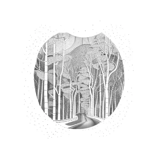 A Winding Road Through A Forest With A Full Moon Shining Above