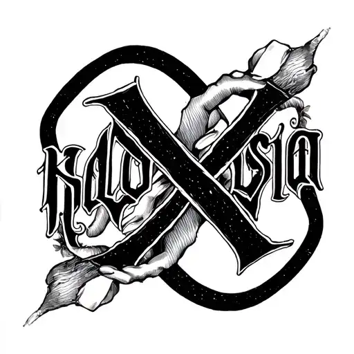 Gothic Lettering On Fingers Spelling 'Kalopsia' X's On The Thumbs