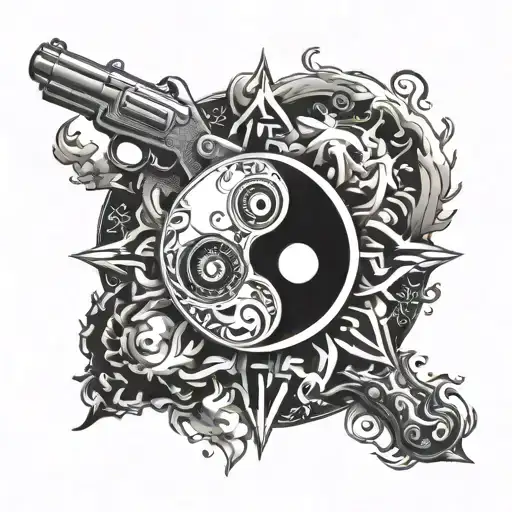 Yin And Yang In Sun And Moon Form Holding A Gun