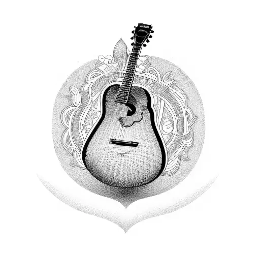 A Blackwork Tattoo Of A Guitar With Intricate Details And Musical Notes Surrounding It