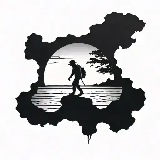 A Minimalist Blackwork Tattoo Of A Silhouette Of A Naturalist Exploring A Beach At Sunset