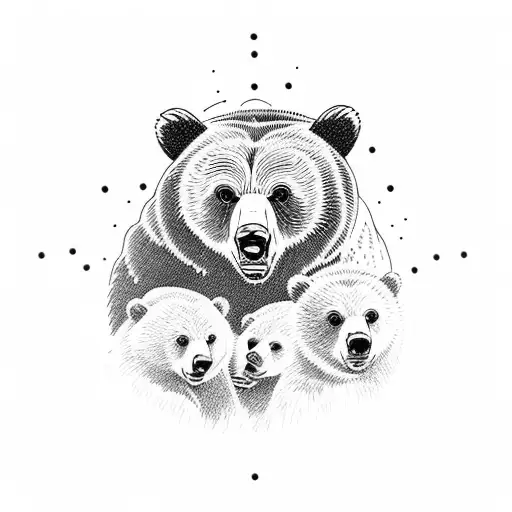 Grizzly Bear With Three Bear Cubs