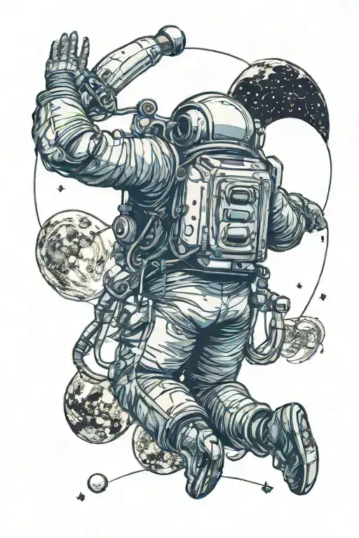 An Astronaut With Headphones Trying To Jump And Reach The Moon