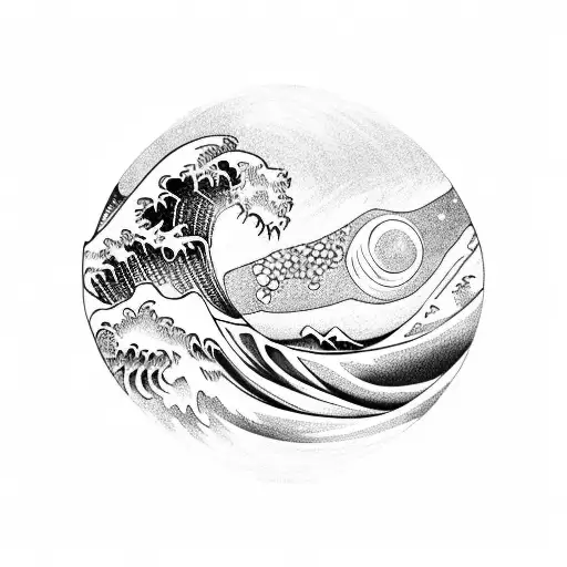 A Blackwork Tattoo Of A Wave With The Sun In The Background