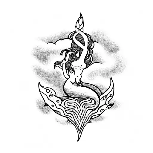 A Blackwork Tattoo Of A Serene Mermaid Sitting On A Rock In The Middle Of A Stormy Sea