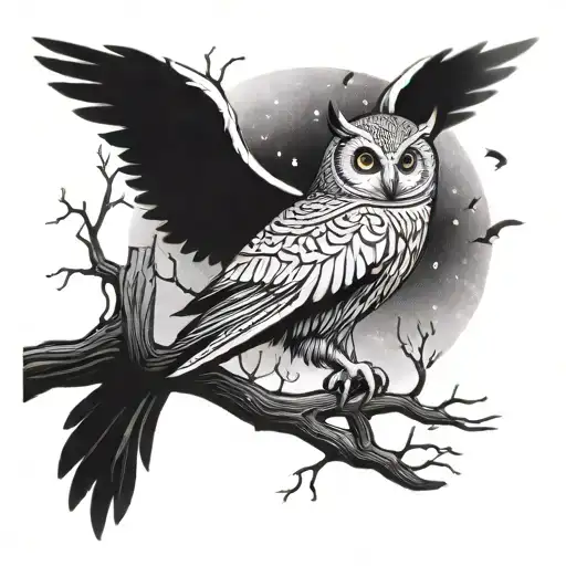 A Mystical Night Sky With A Moonlit Owl Perched On A Tree Branch