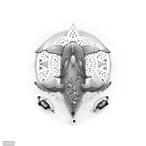 A Beautiful Dotwork Tattoo Of A Humpback Whale Swimming Among Seagulls And Music Symbols