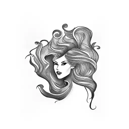 A Majestic Blackwork Tattoo Of A Woman With Long Hair Flowing Like A Waterfall
