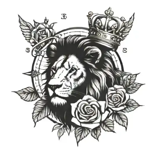 Lion Wearing Crown Of Roses Infront Of A Compass Surrounded