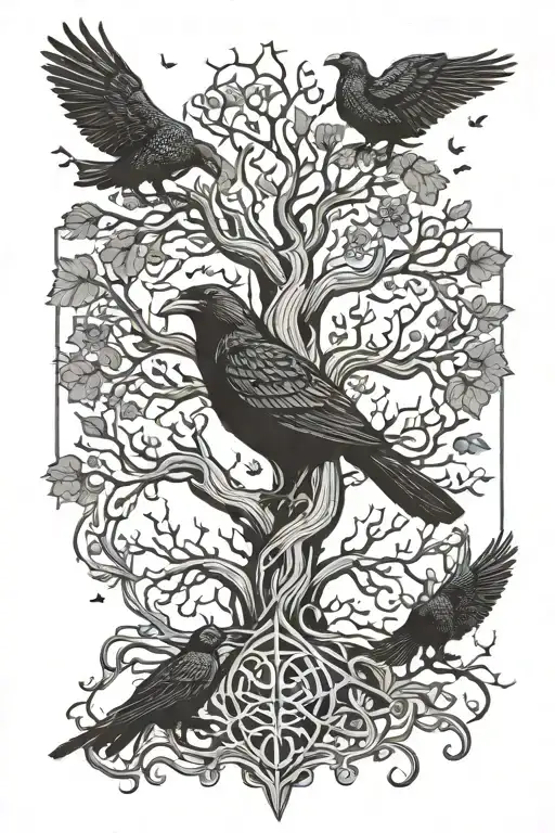 Huginn And Muninn With Yggdrasil Tree