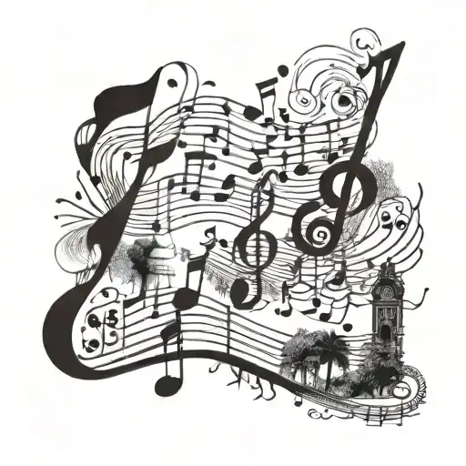 A Surreal Landscape Of Music Notes Morphing Into Travel Destinations With Hidden Drug References