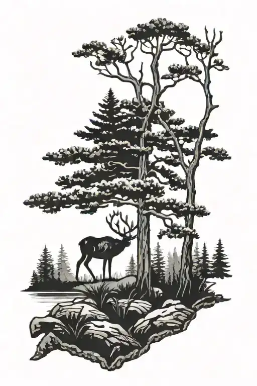 Pine Tree With Elk Head Half Black