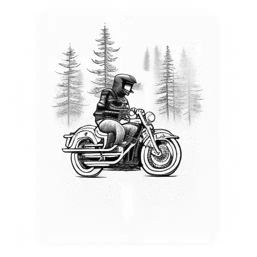 Harley Davidson Motorcycle Riding Through A Forest Of Pine Trees In The Rain
