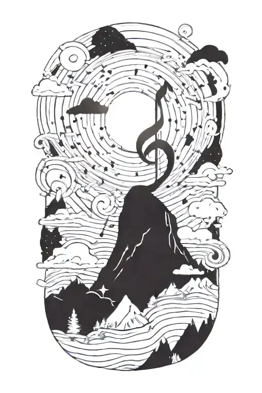 A Cosmic Music Note Blending Into A Mountain Landscape