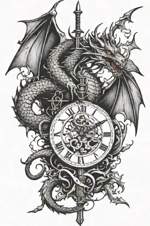 Dragon With Sword Piercing With Shattered Clock Face