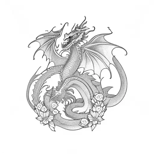 A Majestic Dragon Surrounded By Vibrant Flowers