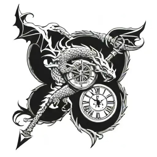 Dragon Wrapped Around A Clock With A Sword Piercing Through It
