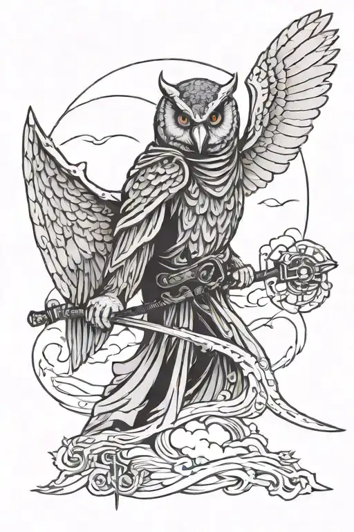 Owl With Red Eyes Grim Reaper Holding A Scythe Clouds And Arabic