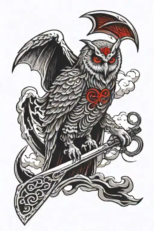Owl With Red Eyes Grim Reaper Holding A Scythe Clouds And Arabic