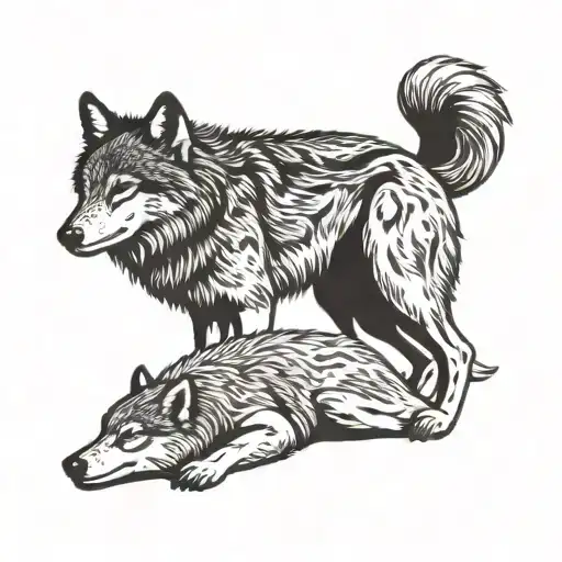 Wolf Laying Down With His Head Down And Full Body With Penguin