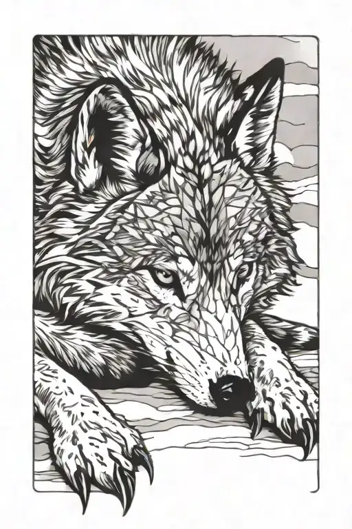 Wolf Laying Down With Head Down Looking Like It Is Protecting A Penguin