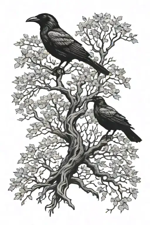 Two Trees With Raven Sitting
