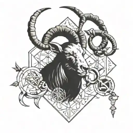 A Sketch Style Tattoo Of A Goat Surrounded By Symbols Of The Occult And Dark Magic