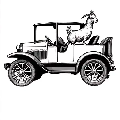 A Goat Riding In A Classic Car With A Chicken In The Passenger Seat