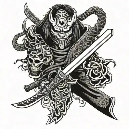 Katana With Oni Mask At The Top Of The Handle