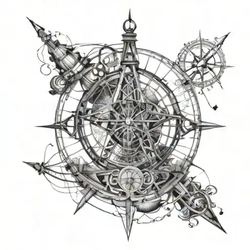 An Intricate Oil Rig Design Integrated With A Compass Rose In Blackwork Style