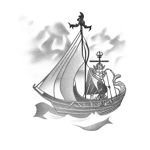 Viking Ship Sailing In The Ocean Fishing Mythical Sea Monsters