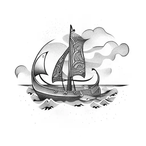 Viking Ship Sailing In The Ocean Fighting Mythical Sea Monsters