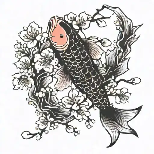 An Elegant Japanese Koi Fish Swimming Among Cherry Blossom Branches