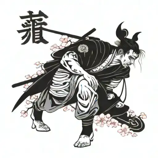 Samurai Without Armour Gazing Over Horizon With Cherry Blossoms In Background And Spider And Kanji