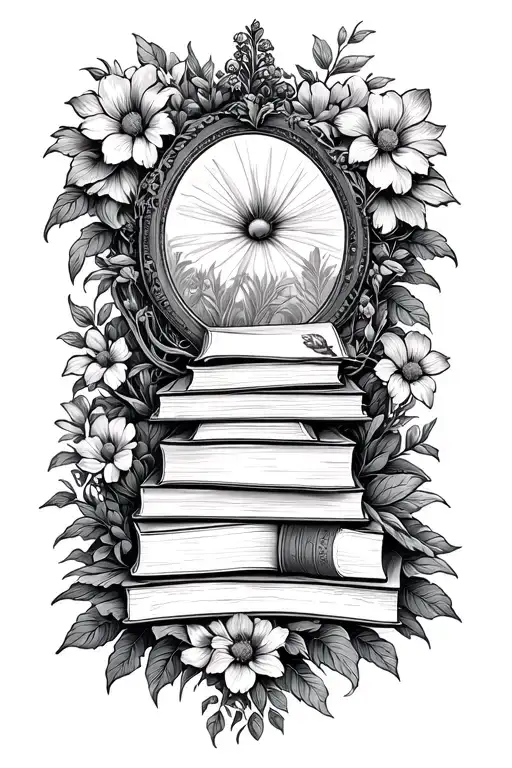 Mirror With Books And Flowers Growing Inside