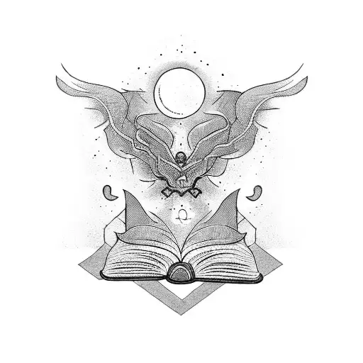 A Tattoo Design Of A Book With Mysterious Symbols And A Spooky Ambiance