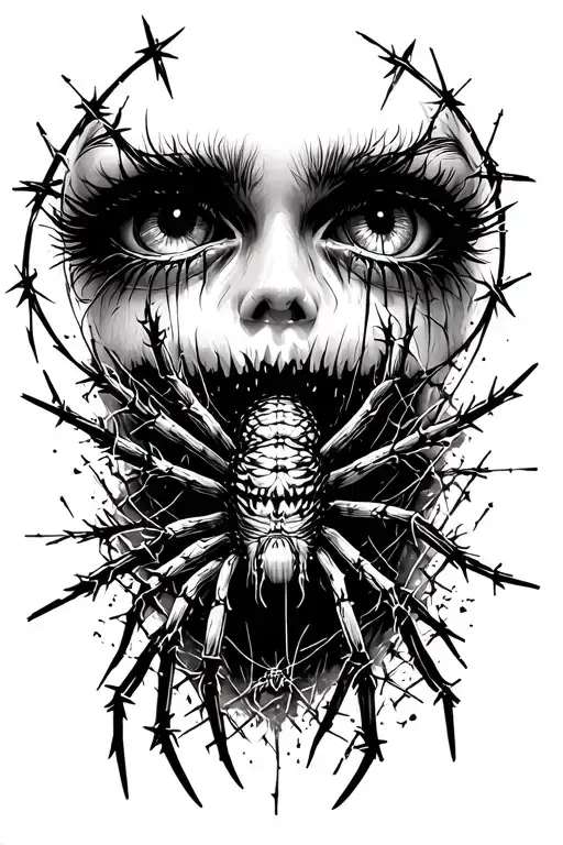 Scary Eyes With Barbed Wire And Spiders